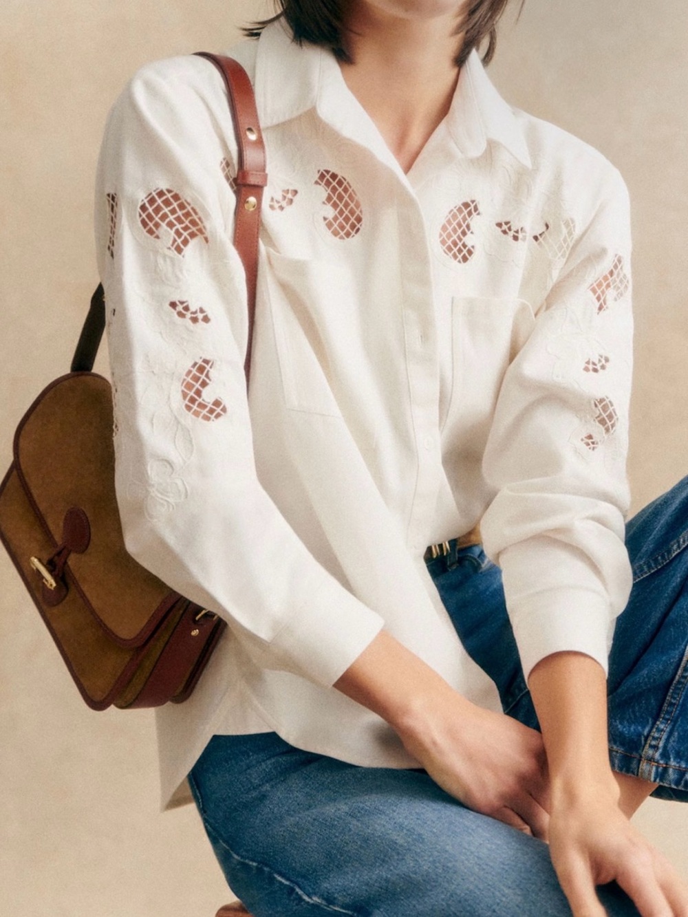 NWT Sezane Women's White Eyelet Button-Up Shirt